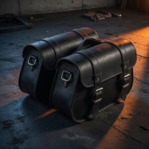 Demonstration leather saddlebags. Unbranded demonstration photograph.